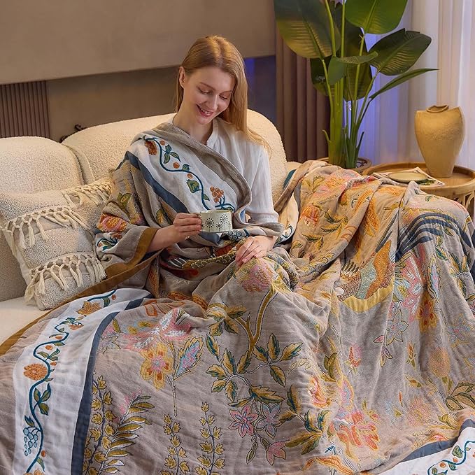 Boho Blanket, 100% Cotton Farmhouse Decorative Throw Blanket, 60"x80" Reversible Bohemian Throw Blanket, Brown All Season Muslin Breathable Woven Blankets Quilt-Ruum Studio Home