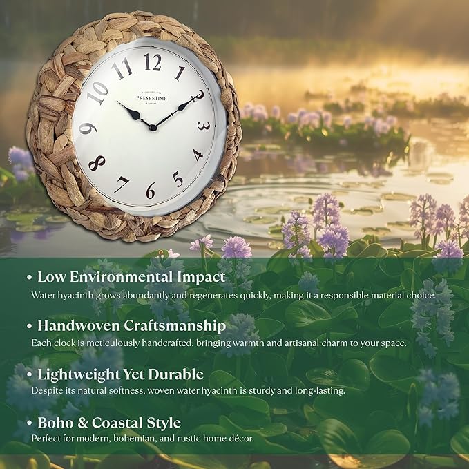 Presentime & Co Farmhouse Series, Rustic Woven Clock, 10.5 inch, Natural Woven Water Hyacinth/Sea Grass. Wall Sculpture, Wall Art and Timepiece for Home Decoration/Decoration/Farmhouse Décor.-Ruum Studio Home