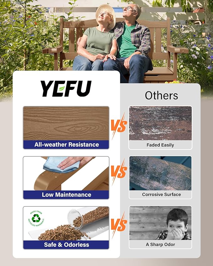 YEFU Outdoor Storage Bench for Patio: Heavy Duty Garden Bench with 96° High Backrest & Oversized Seating - HIPS Weatherproof Patio Bench with Storage for Porch Park Backyard, Teak-Ruum Studio Home