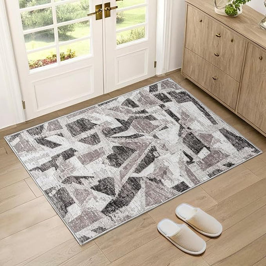 Modern Abstract Door Mat Indoor Entrance 2X3 Front Porch Area Rug Washable, Non-Slip Small Grey Rugs for Entryway Bathroom Ultra-Thin, Throw Carpet for Kitchen Bedroom Nursery Kids Print Faux Wool-Ruum Studio Home
