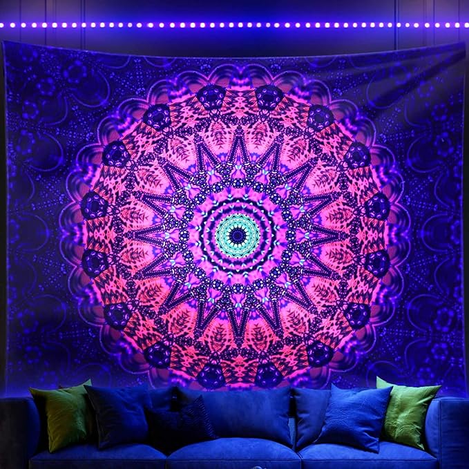 ADDWel Blacklight Mandala Boho Tapestry Glow In The Dark, Black Light Bohemian Hippie Poster Wall Hanging for Bedroom Aesthetic Wall and Room Decor (60" x 80", Mandala)-Ruum Studio Home