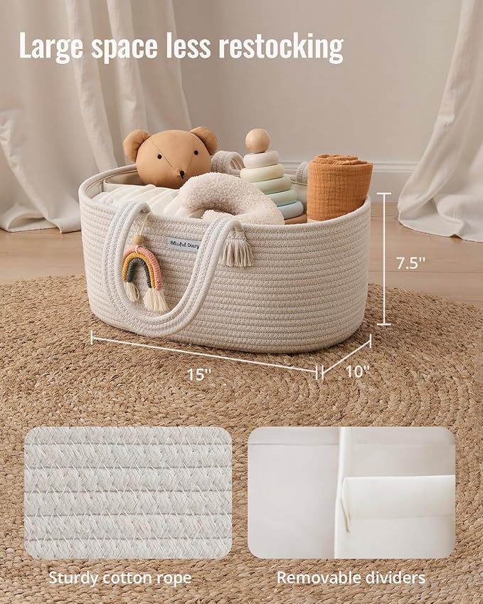 Blissful Diary Baby Diaper Caddy Organizer, Cotton Rope Diaper Caddy Basket, Oval Storage Basket, Gift for Baby Shower, Newborn Essentials, Beige-Ruum Studio Home
