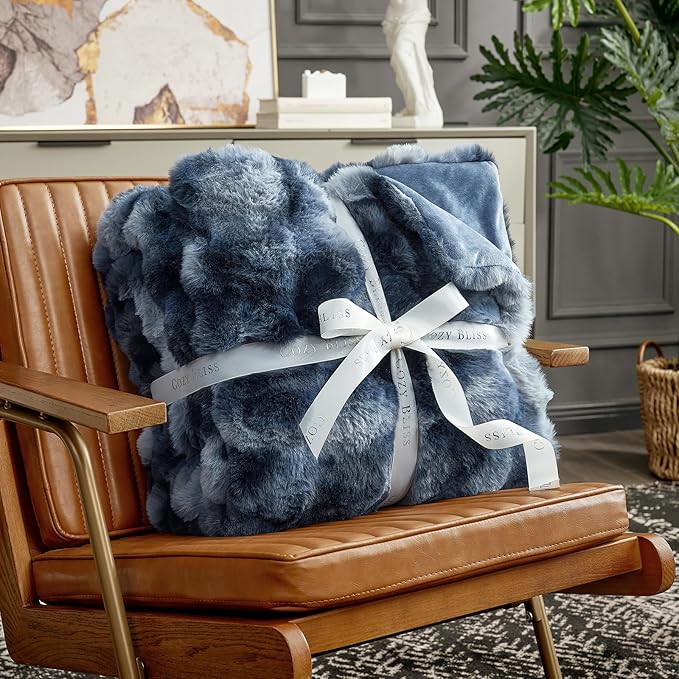 Cozy Bliss Faux Fur Throw Blanket for Couch, Fuzzy Soft Plush Thick Bubble Blanket for Sofa Bedroom Living Room, 90 * 90 Inches Tie Dye Blue-Ruum Studio Home