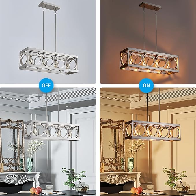 XINGQI Linear Chandelier Brushed Nickel Kitchen Island Light Fixtures 31.5" Rectangle Dining Room Chandeliers, Farmhouse Hanging Large 4-Light Rustic Metal Living Room Office Pendant Lighting-Ruum Studio Home