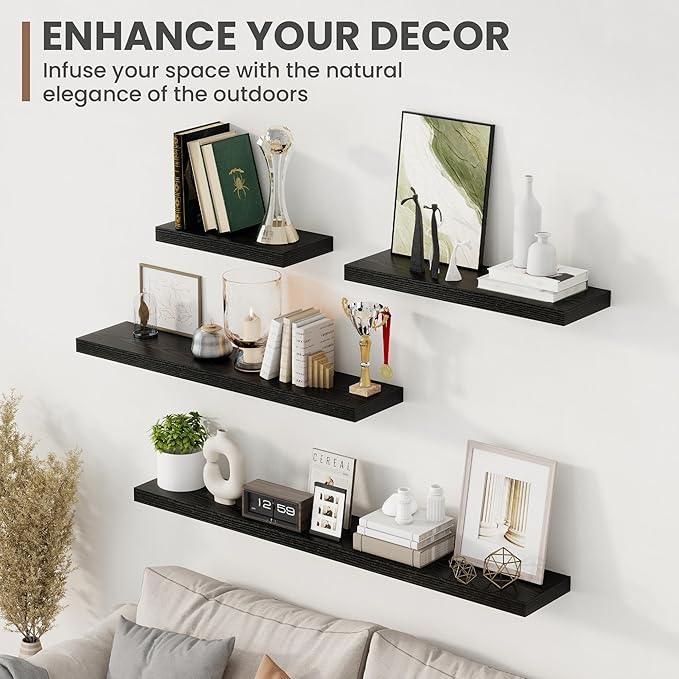 24 Inch Floating Shelves, 8 Inch Deep Floating Shelves for Wall, Hanging Shelf with Invisible Brackets, Deep Shelves for Bathroom, Bedroom, Living Room, Black, Set of 2-Ruum Studio Home