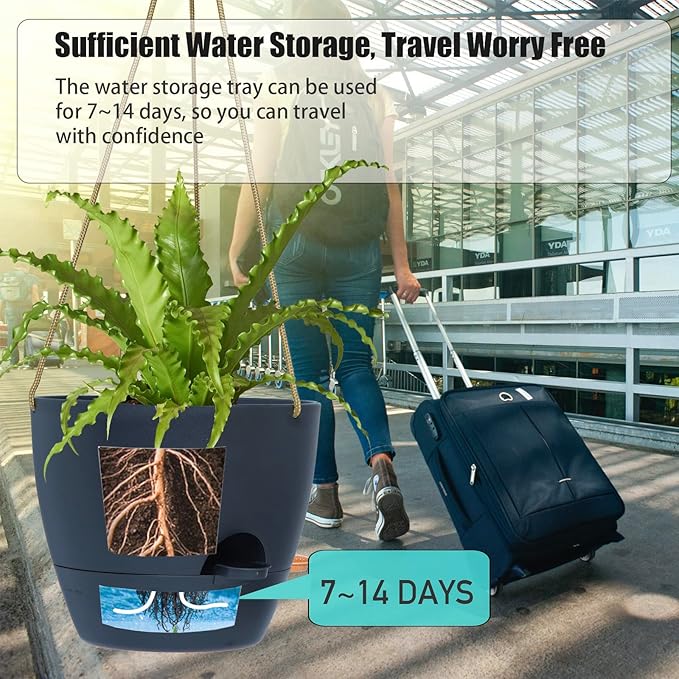 8 inch Hanging Planters, 2 Pack Self Watering Hanging Pots with 20oZ Deep Reservoir for Indoor Outdoor Plants Flowers, Black-Ruum Studio Home