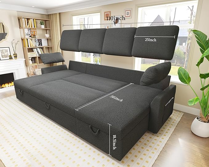 VanAcc Sleeper Sofa, 110 inch Oversize - 2 in 1 Pull Out Bed, Sectional Sleeper Sofa with Double Storage Chaise for Living Room, Grey Boucle Couch-Ruum Studio Home
