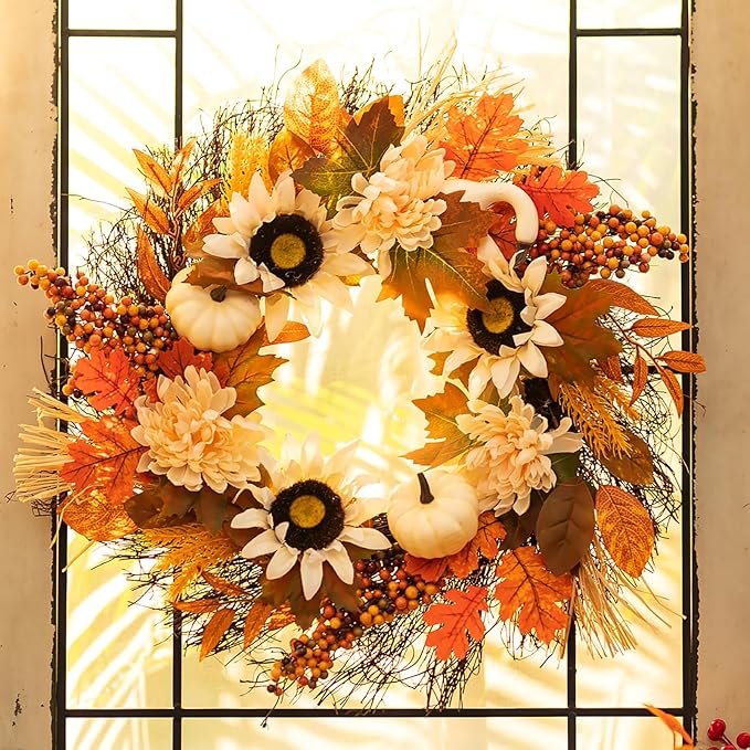 Fall Wreaths for Front Door Decor - Walasis 20 Inch Thanksgiving Wreath with Maple Leaves White Pumpkin Daisy Sunflower Wreath Autumn Harvest Decorations for Table Front Porch-Ruum Studio Home