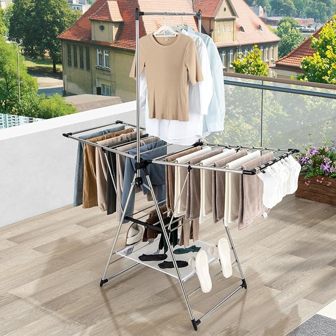 Giantex Clothes Drying Rack, Foldable Laundry Drying Rack with with 6-Level Adjustable Height, High Hanger Design, Side Clips, Space Saving Collapsible Laundry Drying Rack-Ruum Studio Home