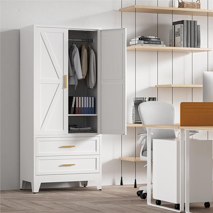 71'' Farmhouse Metal Wardrobe Cabinet with Hanging Rod, 2 Barn Door Wardrobe Closet with Adjustable Shelves,2 Drawer,for Dining Room,Bedroom,Living Room, Cloak Room,Office (White)-Ruum Studio Home