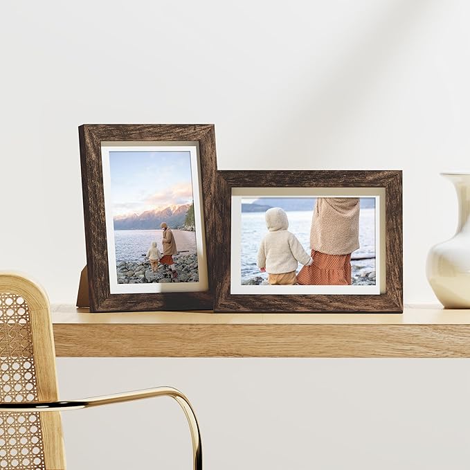 Vittanly 5x7 Picture Frames Set of 9, Shatter Resistant Plexiglass, Display 4x6 Pictures with Mat or 5x7 without Mat, Photo Frames for Wall or Tabletop, Engineered Wood, Brown-Ruum Studio Home