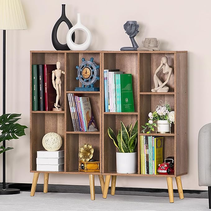 5 Cube Small Bookshelf,3 Tier Mid-Century Modern Bookcase with Legs,Wood Kids Bookshelves Storage Organizer Shelf,Free Standing Narrow Book Shelves,Oak Grey Corner Bookcases for Bedroom,Living Room-Ruum Studio Home