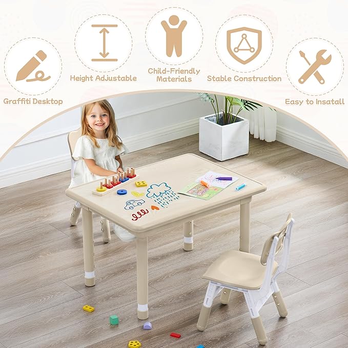 Toddler Table and Chair Set, Height Adjustable-Upgrade Kids Table and 2 Chairs for Ages 3-8, Multi-Activity Toddler Play Table with Graffiti Desktop for Home/Daycare/Classroom-Ruum Studio Home