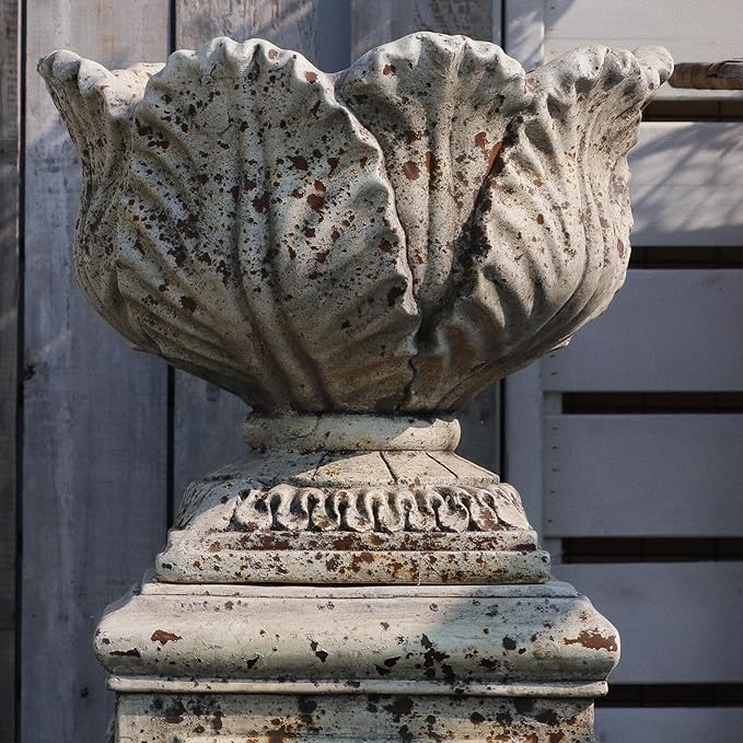 Vintage Garden Urn Planter with Pedestal, Cement and Fiber, Maked Antique, Decorative Leaf Pattern, 14.2x11.8 Inch Pot with 19.3 Inch Stand, Wrap Foam Safely Delivered from Local Warehouse (Antique)-Ruum Studio Home