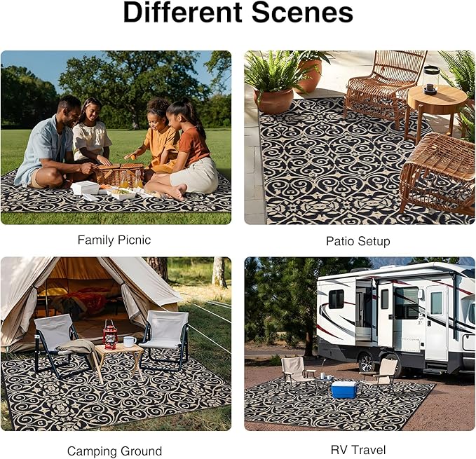 OLANLY Outdoor Rug Waterproof 6x9 ft Clearance, Reversible Outdoor Plastic Straw Rug with Floral Pattern, RV Mat for Patio, Camping, Balcony, Deck, Backyard, Black & Beige-Ruum Studio Home