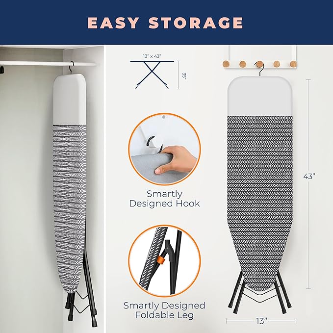 Happhom Ironing Board, Compact and Space Saver Iron Board, Safety Ironing with Park Zone and 4 Layers Extra Thick Cover, Patented Lock System for Foldable Leg, Easy Storage with Smart Hanger (13x43)-Ruum Studio Home