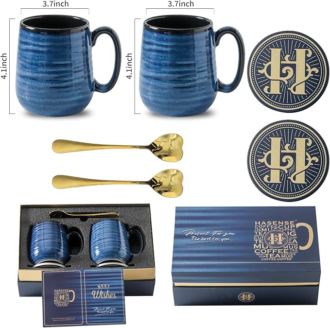 Hasense Coffee Mugs, 15 Ounce Porcelain Mugs Set of 2 with Handle for Morning Coffee Tea and Cocoa, Ceramic Coffee Cups Gift Box with Beautiful Glaze Coasters Spoons for Men and Women, Navy-Ruum Studio Home