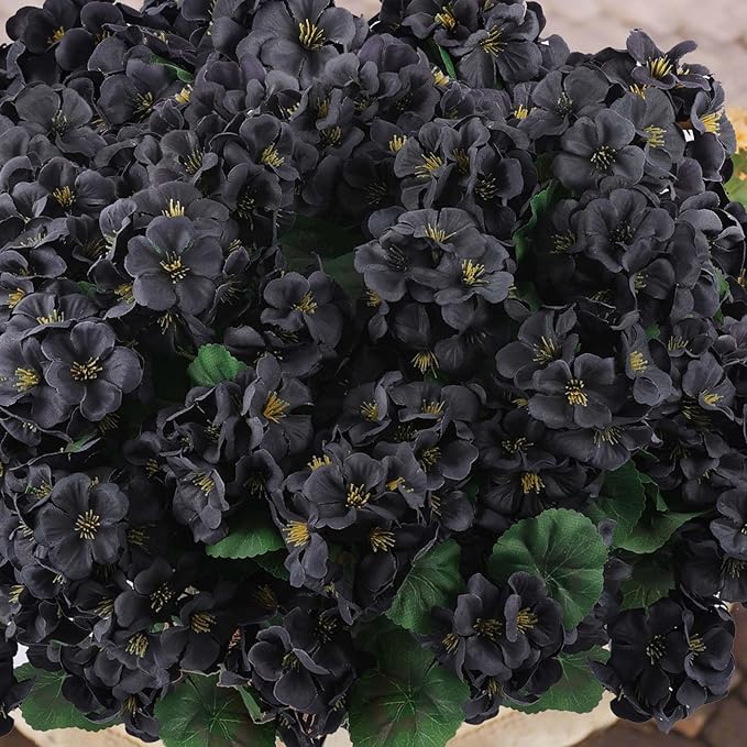 Hananona 12 Bundles Artificial Geranium Flowers for Outdoors Black Silk Geranium Flowers Outdoor UV Resistant Plants Faux Black Flower for Home Kitchen Halloween Table Centerpieces Decor (12, Black)-Ruum Studio Home
