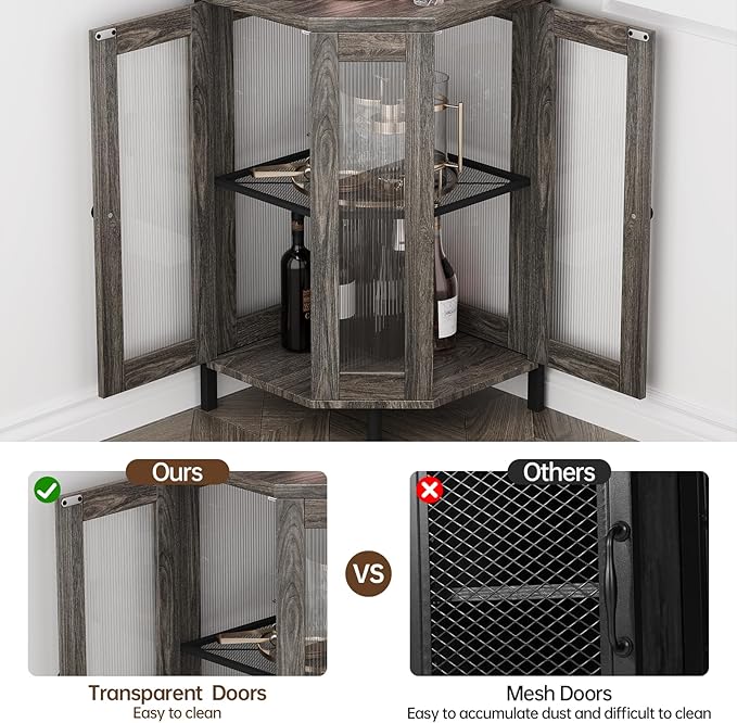 Corner Bar Cabinet with Power Outlet, 5-Tier Corner Wine Cabinet with Led Strip and Glass Holder, Industrial Tall Liquor Cabinet Bar Wine Rack for Home, Grey Oak-Ruum Studio Home