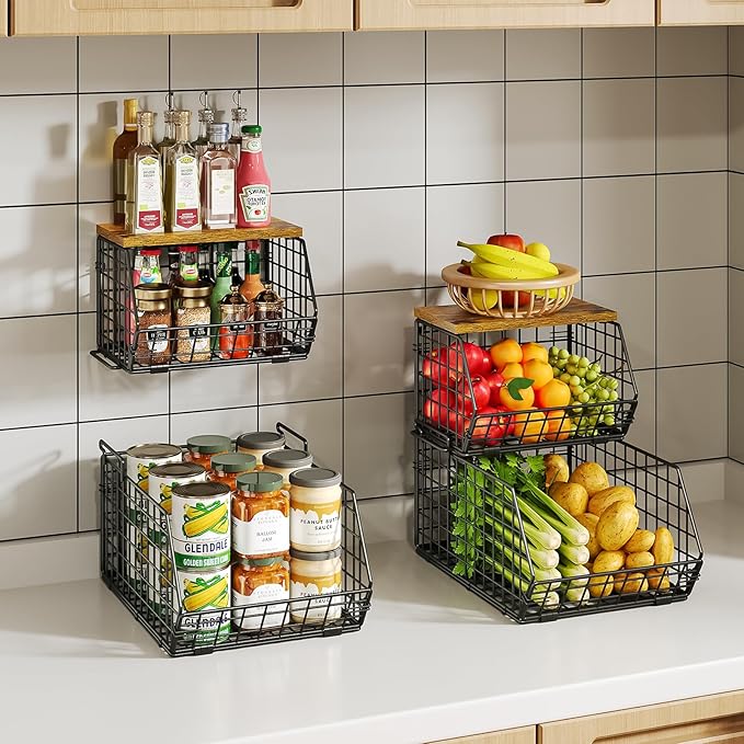 X-cosrack 2-Tier Stackable Wire Baskets for with Wood Lid, Wall Hanging Baskets for Potato and Onion Storage, Fruit Basket for Kitchen Counter, Metal Baskets for Snack Produce Cans-Ruum Studio Home