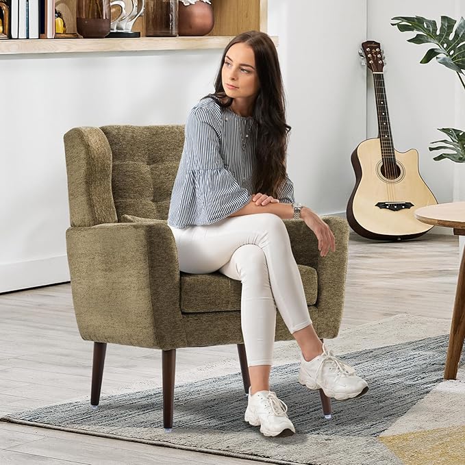 Modern Accent Chair, Upholstered Armchair with Pillow, Fabric Single Sofa Chair with Lounge Seat and Wood Legs Accent Chair for Living Room Bedroom Small Spaces (Avocado, Set of 1)-Ruum Studio Home