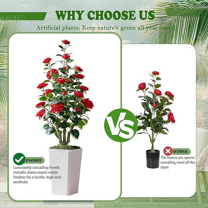Artificial Camellia Tree 4FT Faux Trees Indoor Fake Floral Plant Blooming Tree with Red Flowers & White Tall Planter, Faux Camellia Plants for Porch Home Room Bedroom Office Front Door Outdoor Decor-Ruum Studio Home