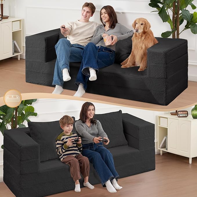 Folding Bean Bag Chair for Adults,3-in-1 Bean Bag Couch Faux Fur Floor Sofa Large Beanbag Convertible Bean Bag Sofa Bed with Pillow in Bedroom,Living Room,Apartment(Queen,Black)-Ruum Studio Home