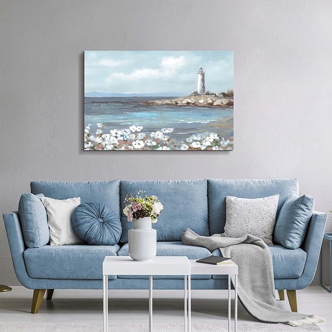 cozy country Lighthouse Wall Art 45"x30" - Coastal Pictures Beach Canvas Ocean Decor - Nautical Artwork Seascape Hand Painting for Living Room, Bedroom, Sea House-Ruum Studio Home