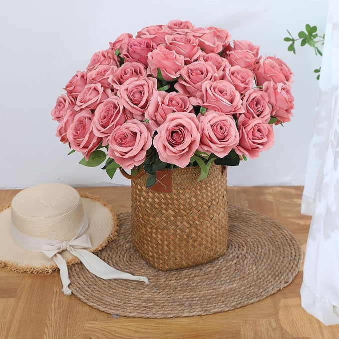 Pink Fake Roses Artificial Flowers - 10 Pcs Fake Artificial Roses Silk Flowers with Stems for Home Wedding Hotel Office Centerpiece Decor（Dusty Pink）-Ruum Studio Home