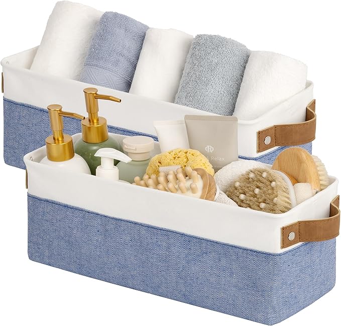StorageWorks Narrow Storage Bins, Small Basket for Closet and Shelves, Fabric Organizer with Handles, Toilet Paper Storage, Blue and White, 2-Pack-Ruum Studio Home