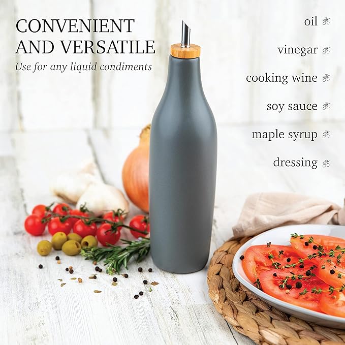 kitchentoolz Olive Oil Stoneware Dispenser Bottle, Ceramic 16 Oz Container for EVOO or Vinegar Kitchen Counter, Pewter Gray-Ruum Studio Home