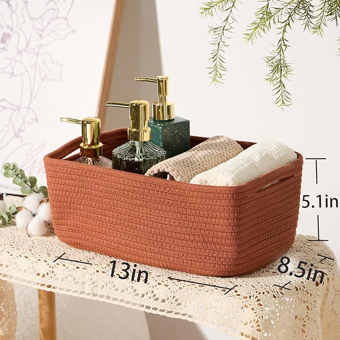 Small Storage Baskets for Organizing | Closet Organizer Bins | Shelf Toy Basket | Woven Rope Baskets | Cube Decorative Box | Shallow Basket | 13x8.5x5.1” | 3 Packs Oxide Red-Ruum Studio Home