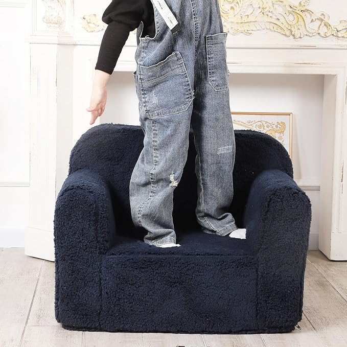 Kids Snuggly-Soft Sherpa Chair, Cuddly Toddler Foam Chair for Boys and Girls, Dark Blue-Ruum Studio Home