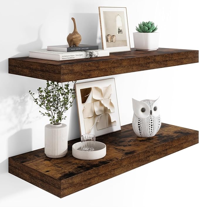 Heimlove 12" Deep Floating Shelves, 36 x 12 Inch Wall Mounted Long Floating Shelf with Invisible Brackets, for Home Decor, Bedroom, Kitchen, Living Room, Bathroom - 2 Pack, Rustic Brown-Ruum Studio Home