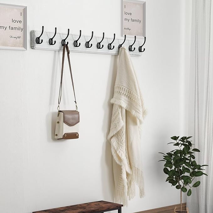 Dseap Coat Rack Wall Mount: 38-1/4" Long, Patented, Heavy-Duty, 10-Double-Hooks Wooden Hanger Rail for Winter Coats Hat Jacket Clothing, White & Black-Ruum Studio Home