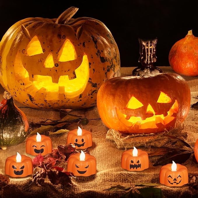 Wondise Halloween Flameless Candles, Pumpkin Battery Operated Candles with Timer, LED Flickering Votive Tealight Spooky Candles for Halloween Decorations Indoor (6 Pack, 1.9" x 1.6")-Ruum Studio Home