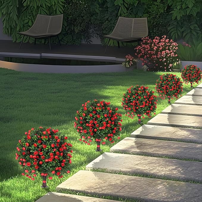 Artificial Boxwood Topiary Tree with Rose, Set of 2 Artificial Shrub Bushes with Ground Spike, Fake Evergreen Tree for Porch, Artificial Plants for Outdoor Planters Indoor UV Resistant-Ruum Studio Home
