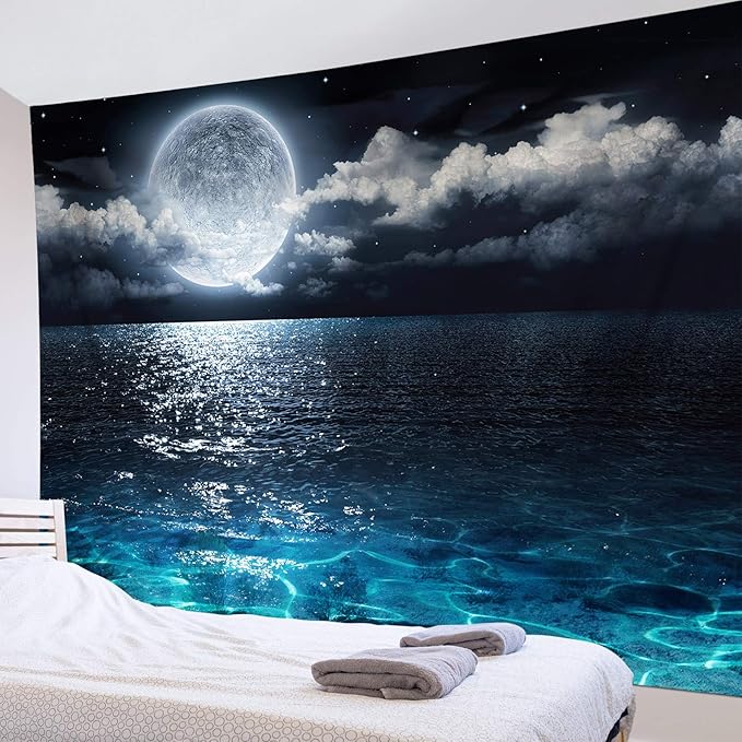 LB Moon Ocean Tapestry - Watercolor Blue Ocean and White Cloud Extra Large Wall Tapestry for Bedroom Starry Night Sky Wall Art for Bedroom Living Room Dorm Decor - 92.5Wx70.9H inches-Ruum Studio Home