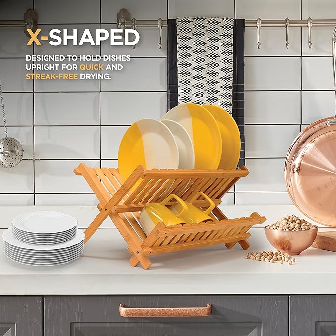 BAMBUSI Dish Drying Rack - Collapsible 2-Tier Bamboo Dish Rack for Kitchen Counter, Wooden Dish Drainer with Foldable Space-Saving Design - Drying Rack for Dishes, Plates, and Cups - Housewarming Gift-Ruum Studio Home