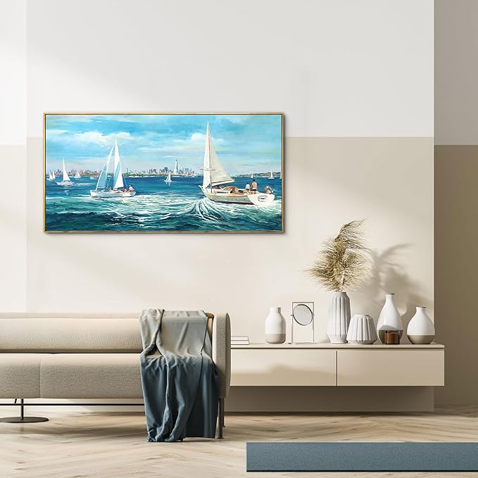 XLSJERST Blue Canvas Wall Art Seascape Painting - Landscape Picture Textured Navy Modern Sailboat Ocean Artwork Framed for Living Room Bedroom Bathroom Home Office Wall Decor Large Size 20"x40"-Ruum Studio Home