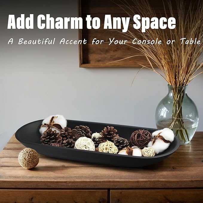 Large Decorative Bowl for Home Decor - Long Dough Bowl with Anti Slip Base for Table Centerpieces - Black Minimalist Design Dough Decor Bowl for Coffee Table, Dining Table Centerpiece-Ruum Studio Home