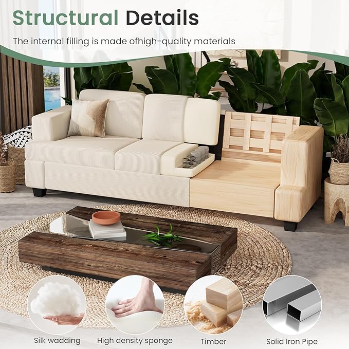 89" White Corduroy Sofa for Living Room, 3 Seater Cloud Couch, Deep Seat Floor Couch for Bedroom, Futon Modern Sofa Bed, White Corduroy-Ruum Studio Home