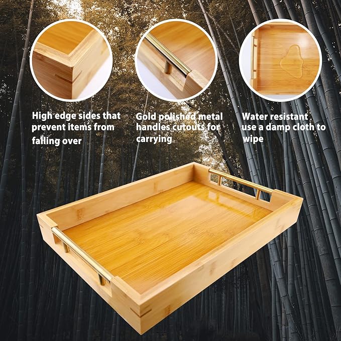 Bamboo Wood Serving Tray with Gold Polished Metal Handles, Decorative Tray Platter Coffee Table Tray Rectangular Wooden Breakfast Tray for Ottoman, Kitchen, Bedroom, Lap &Couch - 15x10.4 Inch-Ruum Studio Home