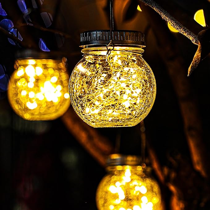Cooo 6 Pack Crackle Glass Solar Lantern with 30 LED Firefly Lights– Waterproof Outdoor Hanging Lamp 215% Larger Solar Panel, Anti-Rust Lids Decorative Lighting for Garden Patio Table-Ruum Studio Home