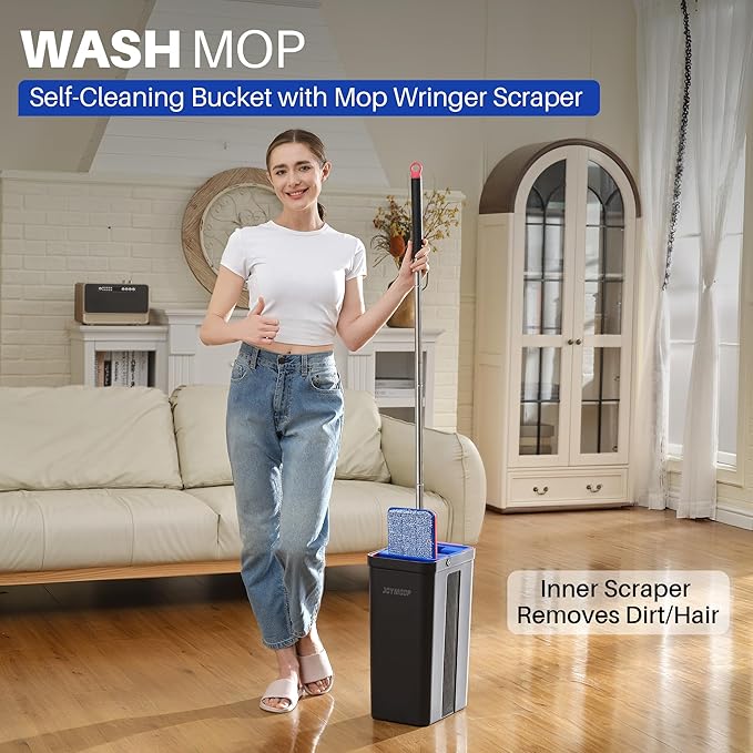 JOYMOOP Mop and Bucket with Wringer Set, Hands Free Flat Floor Mop and Bucket, with 6 Washable Microfiber Pads, Wet and Dry Use, Floor Cleaning System - Black+Red+Slate Blue-Ruum Studio Home
