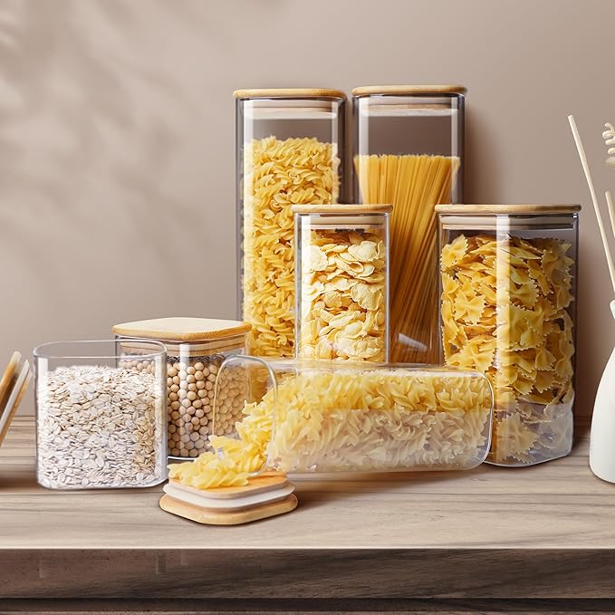 Square Glass Jars with Bamboo Lids 27 FL OZ [Set of 6], Glass Canisters with Airtight Lids, Glass Food Storage Containers for Coffee, Sugar, Tea, Candies, Cookies,Best for Kitchen & Pantry-Ruum Studio Home