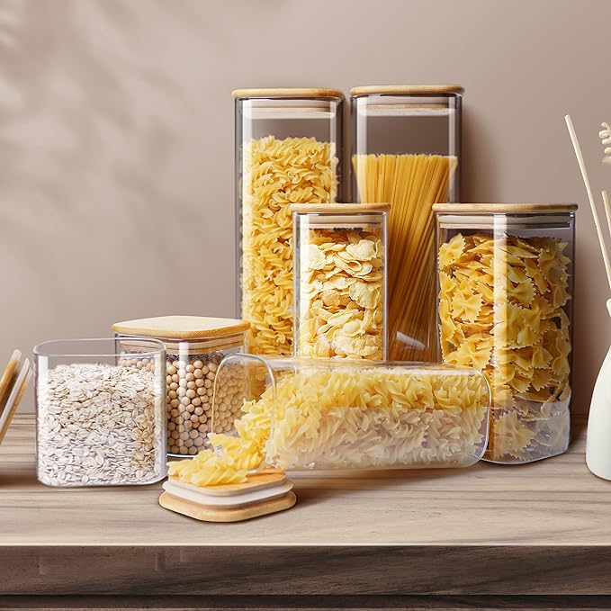 Square Glass Jars with Bamboo Lids 30 FL OZ [Set of 6], Glass Canisters with Airtight Lid, Glass Food Storage Container for Pasta, Flour, Sugar, Rice, Best for Kitchen & Pantry-Ruum Studio Home