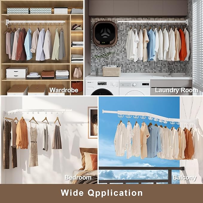 Clothes Drying Rack Wall Mounted, Retractable Drying Racks for Laundry, Foldable Drying Rack With 12 Hooks, Sturdy Tri-Fold Wall Mounted Space Saver for Laundry Room Balcony Bathroom - 49.8", White-Ruum Studio Home