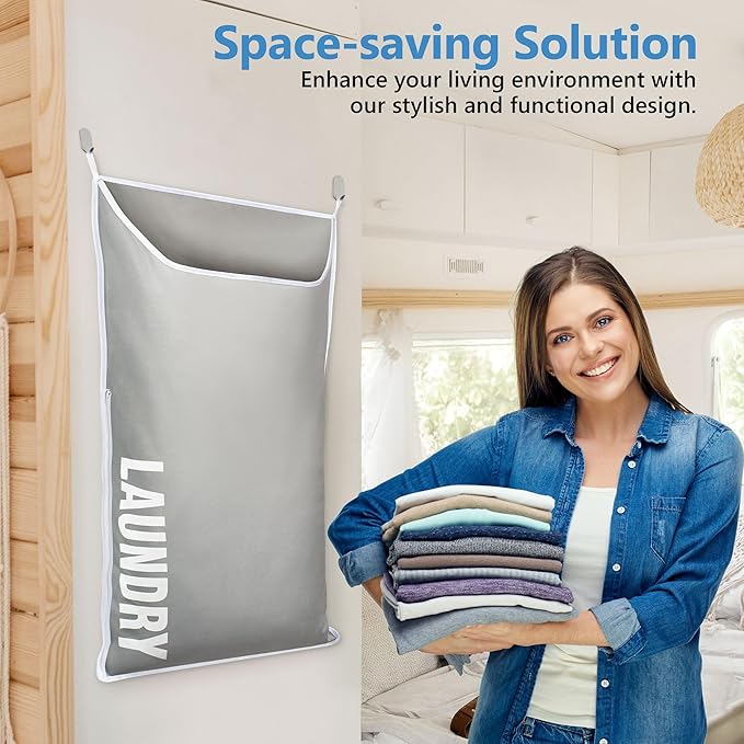 Hanging Laundry Hamper Bag XL 40x22", Space Saving over the Door Storage Bags, Behind the Door Hampers for Dirty Clothes & Wall Mounted Basket for Bathroom, Organizer for Small Room Spaces RV-Ruum Studio Home