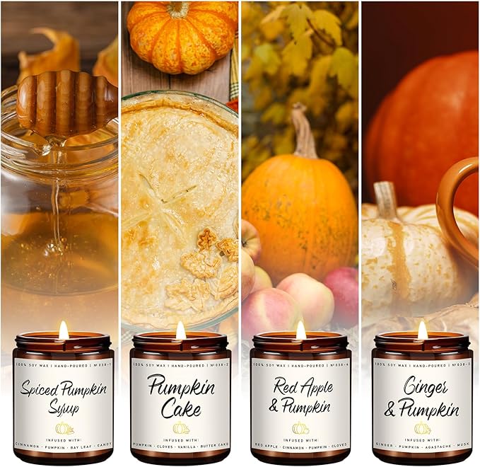 Pumpkin Candle Set | 4 Pack Scented Candles for Home - Candle Gifts for Women Men, Soy Candles | Jar Candle Scents of - Cake/Red Apple/Syrup/Ginger-Ruum Studio Home